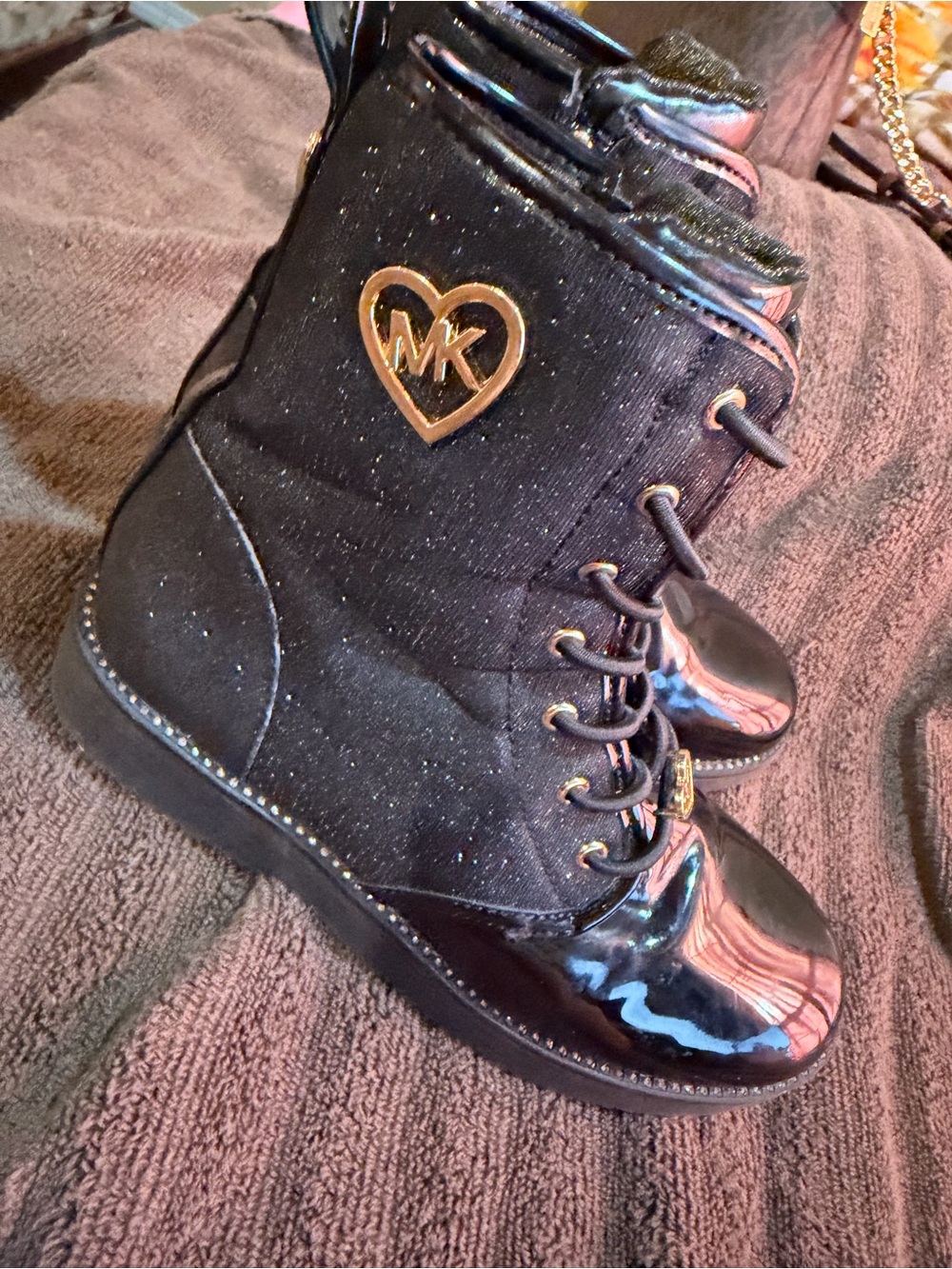 Michael Kors Girls' Black Glitter Patent Toe Lace-Up Boots